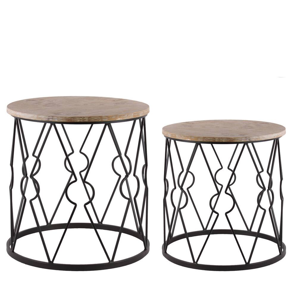 Metal Round Nesting Accent Table with Wood Top and Diamond Lattice Design Body Set of Two Metallic Finish Black