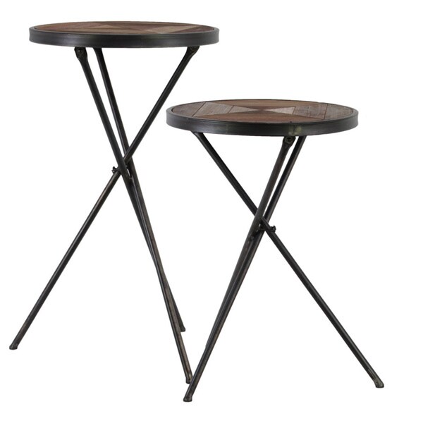 Metal Round Accent Table With Wood Parquet Design Top Set Of Two Metal Round Accent Table With Wood Parquet Design Top Set Of Two Coated Finish Black