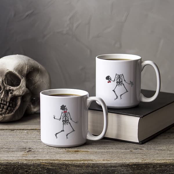 Set of 2 White Ceramic Dancing Skeletons 20-ounce Coffee Mugs