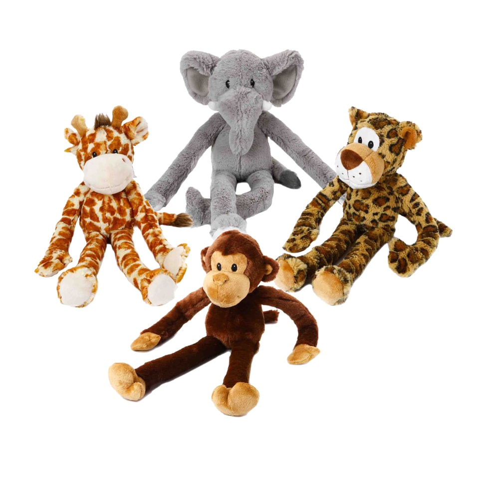 PETSVILLE 2 Pack Extra Long Body No Stuffing Squeaky Plush Dog Toy with Assorted Cute Animal Design Giraffe /& Monkey