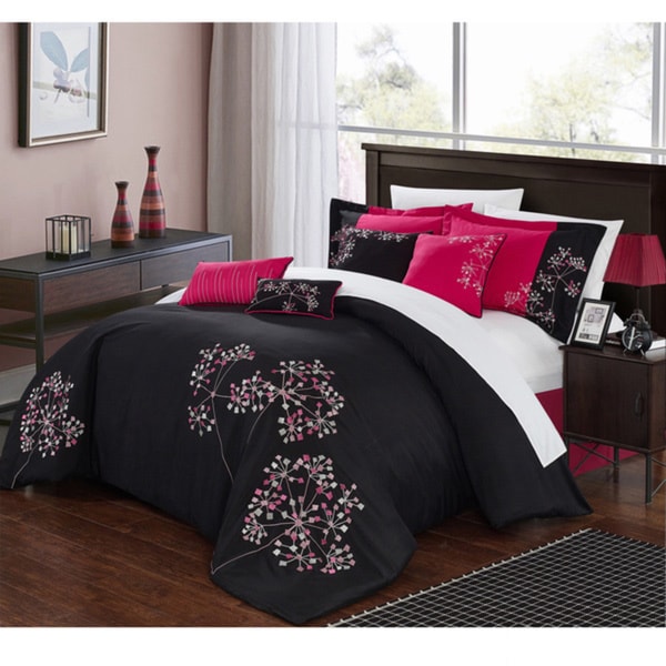 Shop Chic Home Floral Black/Fuchsia Comforter 8-Piece Set