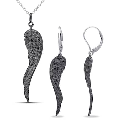 Miadora Sterling Silver Black Diamond Accent Angel Wing Dangle 2-Piece Set of Earrings and Necklace