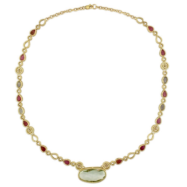 14K Yellow Gold Gemstone Anklet With Round and Pear Shaped Amethysts 10.5 Inches