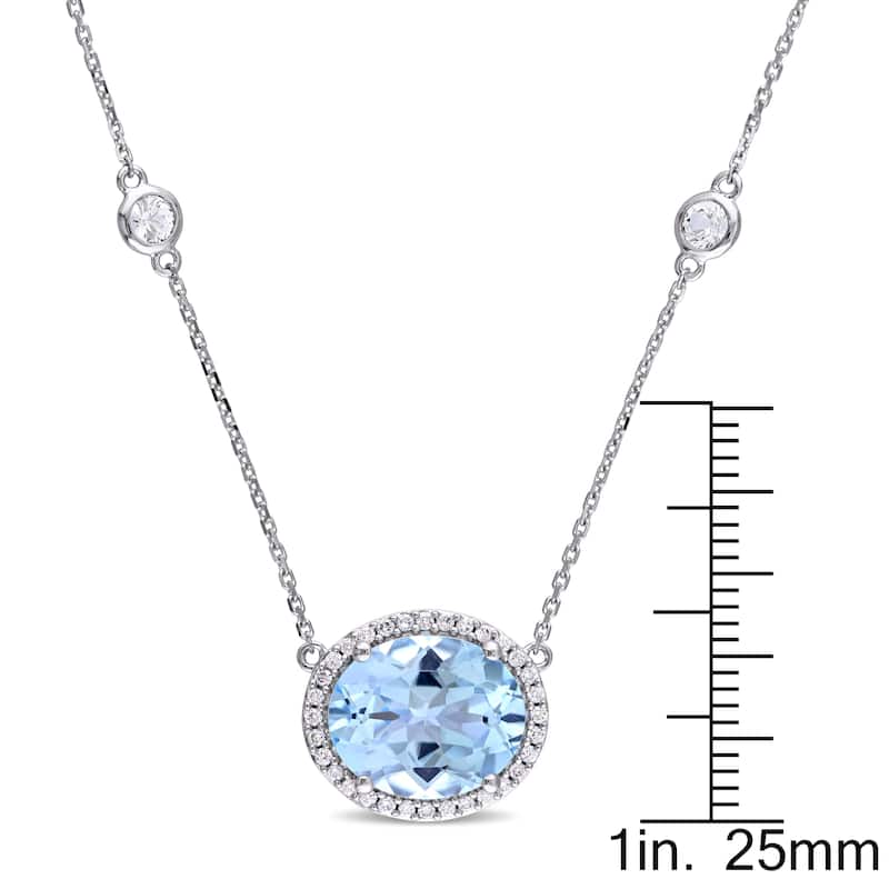 Miadora Signature Collection 14k White Gold Blue Topaz White Sapphire and 1/6ct TDW Diamond Station Halo Necklace (G-H, SI1-SI2)