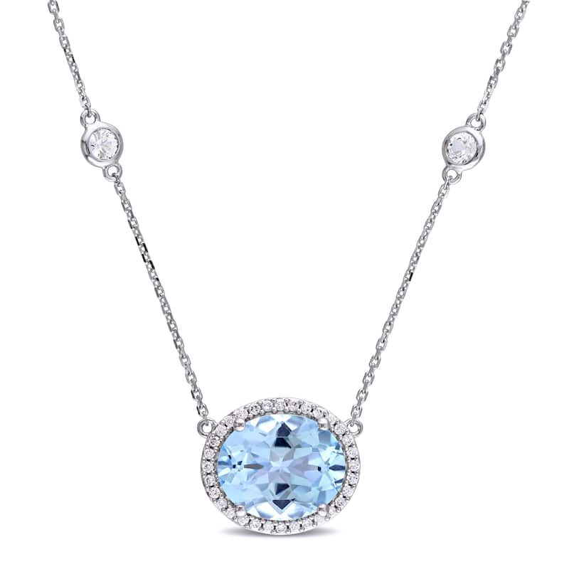 Miadora Signature Collection 14k White Gold Blue Topaz White Sapphire and 1/6ct TDW Diamond Station Halo Necklace (G-H, SI1-SI2)
