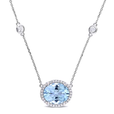 Miadora Signature Collection 14k White Gold Blue Topaz White Sapphire and 1/6ct TDW Diamond Station Halo Necklace (G-H, SI1-SI2)