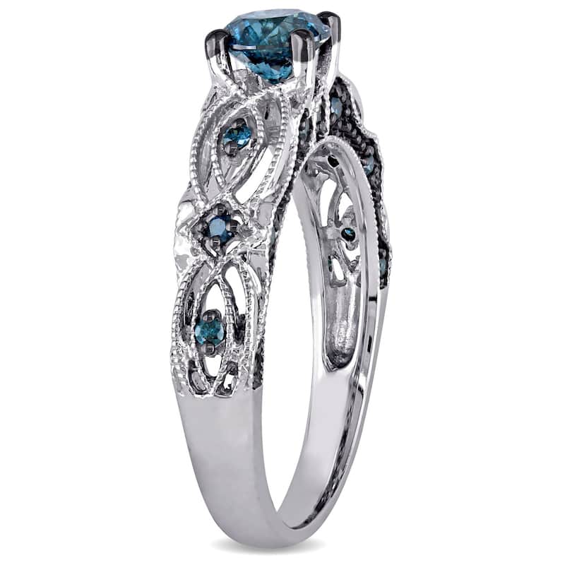 Miadora 10k White Gold 4/5ct TDW Blue Diamond Vintage Filigree Engagement Ring