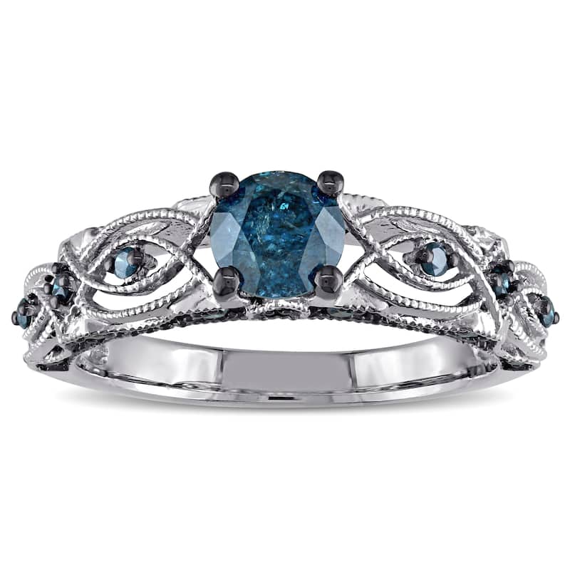 Miadora 10k White Gold 4/5ct TDW Blue Diamond Vintage Filigree Engagement Ring - 8.5
