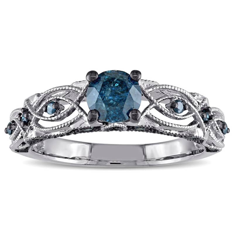 Miadora 10k White Gold 4/5ct TDW Blue Diamond Vintage Filigree Engagement Ring - 4