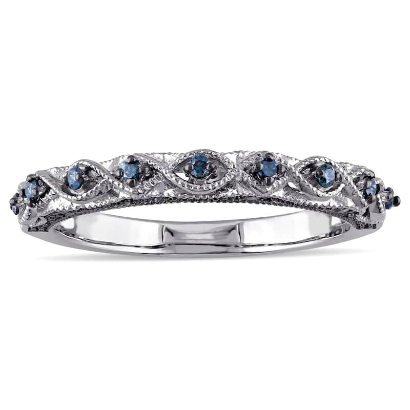 Miadora 10k White Gold 1/6ct TDW Blue Diamond Vintage Filigree Wedding Band - 4
