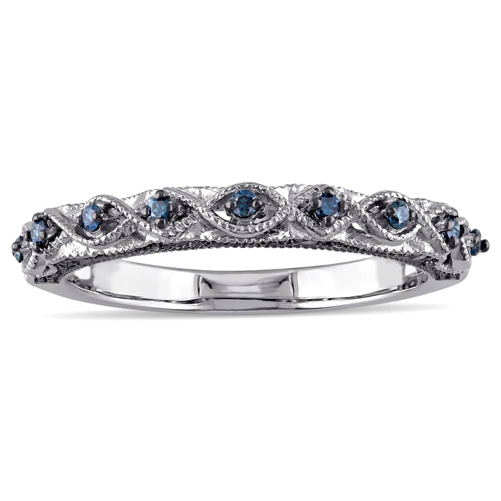 Miadora 10k White Gold 1/6ct TDW Blue Diamond Vintage Filigree Wedding Band