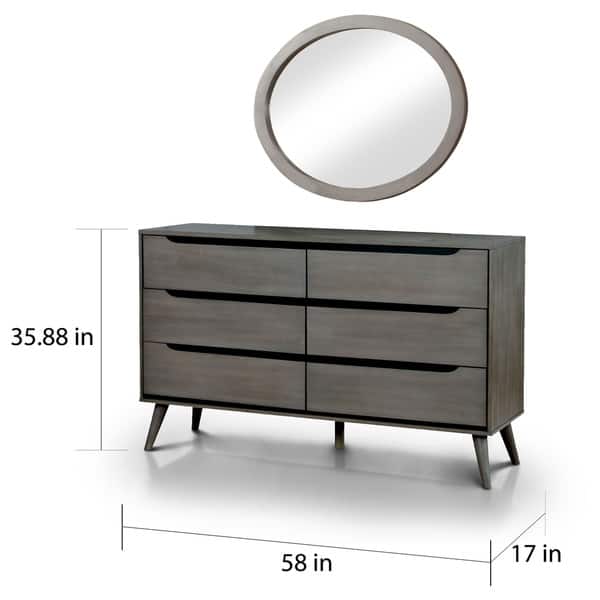 Fopp Mid-Century Modern Solid Wood 6-Drawer 2-Piece Dresser and Oval Mirror Set by Furniture of America
