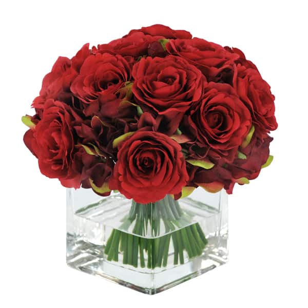 Jane Seymour Botanicals Red 8-inch Rose Bouquet In Square Glass Vase ...