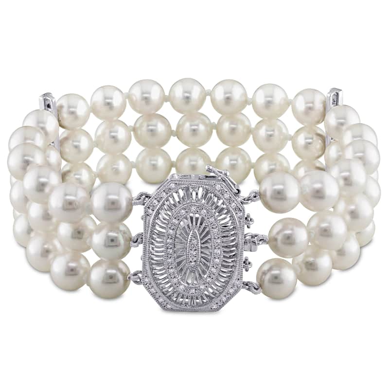 Miadora Signature Collection 14k White Gold and 1/3ct TDW Diamond Three Row Akoya Pearl Bracelet (G-H, SI1-SI2) (7-7.5mm)