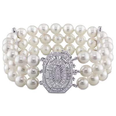 Miadora Signature Collection 14k White Gold and 1/3ct TDW Diamond Three Row Akoya Pearl Bracelet (G-H, SI1-SI2) (7-7.5mm)