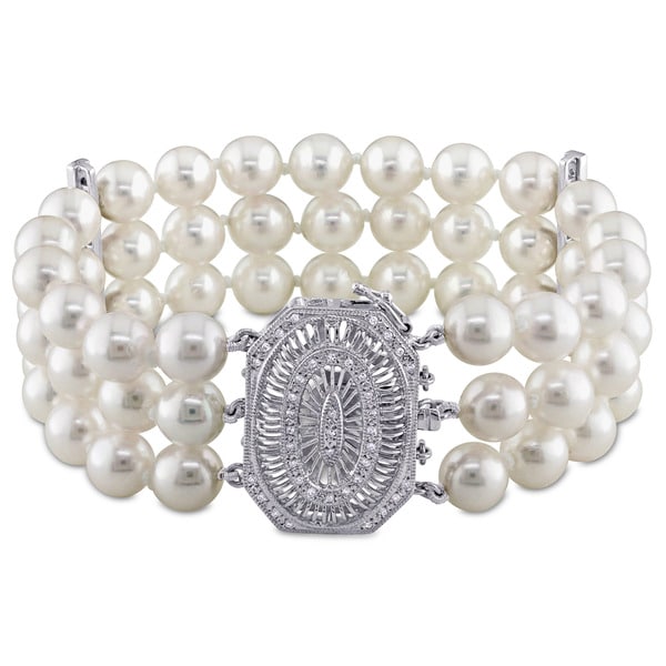 Miadora Signature Collection 14k White Gold and 1/3ct TDW Diamond Three Row Akoya Pearl Bracelet (G-H, SI1-SI2) (7-7.5mm). Opens flyout.