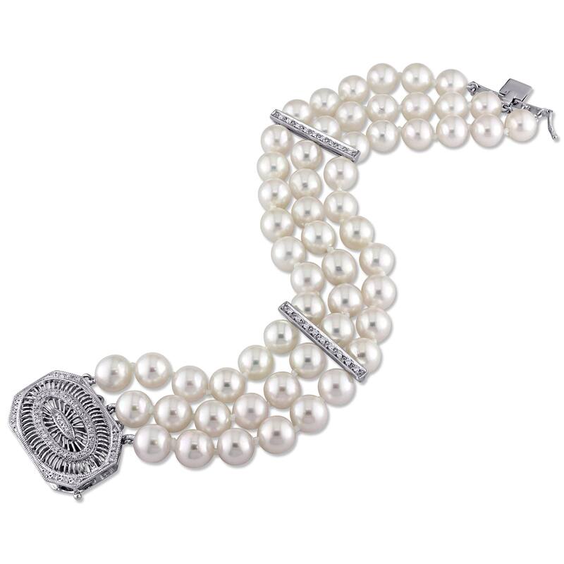 Miadora Signature Collection 14k White Gold and 1/3ct TDW Diamond Three Row Akoya Pearl Bracelet (G-H, SI1-SI2) (7-7.5mm)