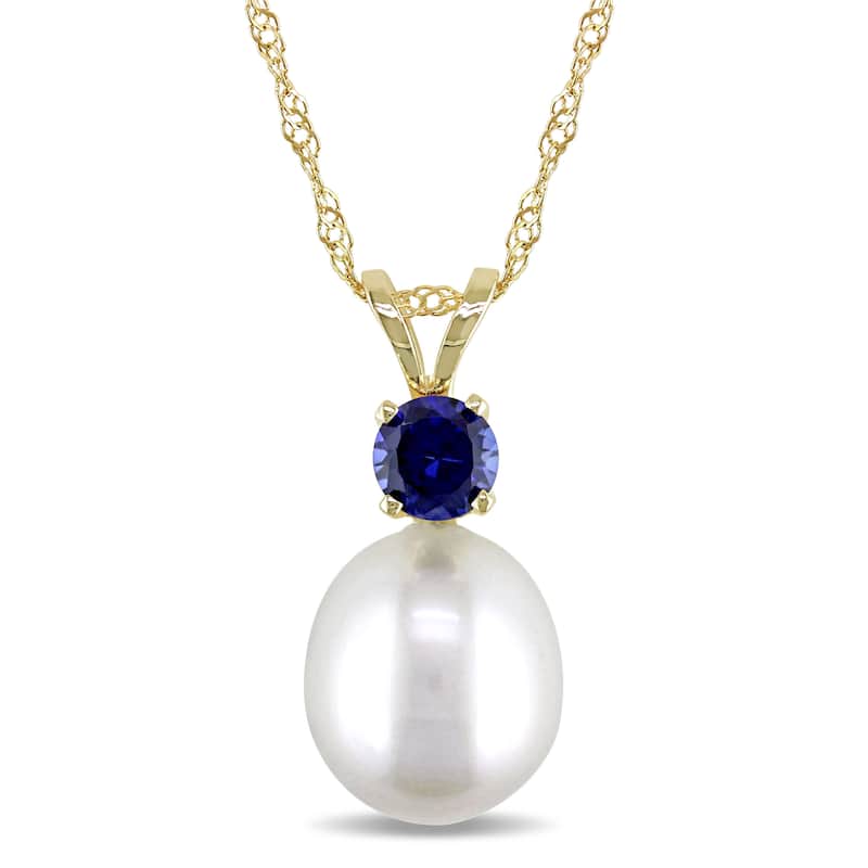 Miadora 14k Yellow Gold Cultured Freshwater Pearl and Sapphire Necklace (8-8.5mm) - White