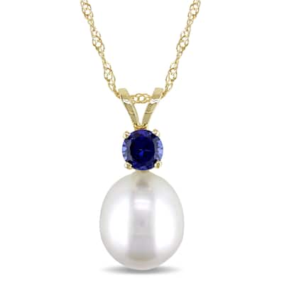 Miadora 14k Yellow Gold Cultured Freshwater Pearl and Sapphire Necklace (8-8.5mm) - White