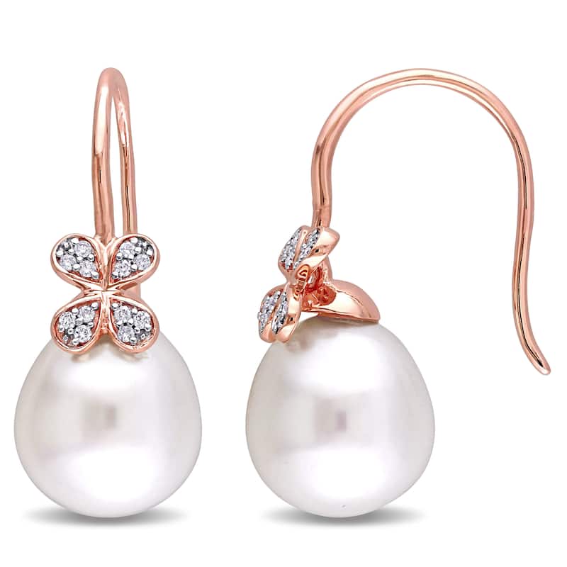 Miadora Signature Collection 14k Rose Gold Diamond South Sea Pearl 1/8ct TDW Clover Earrings - White