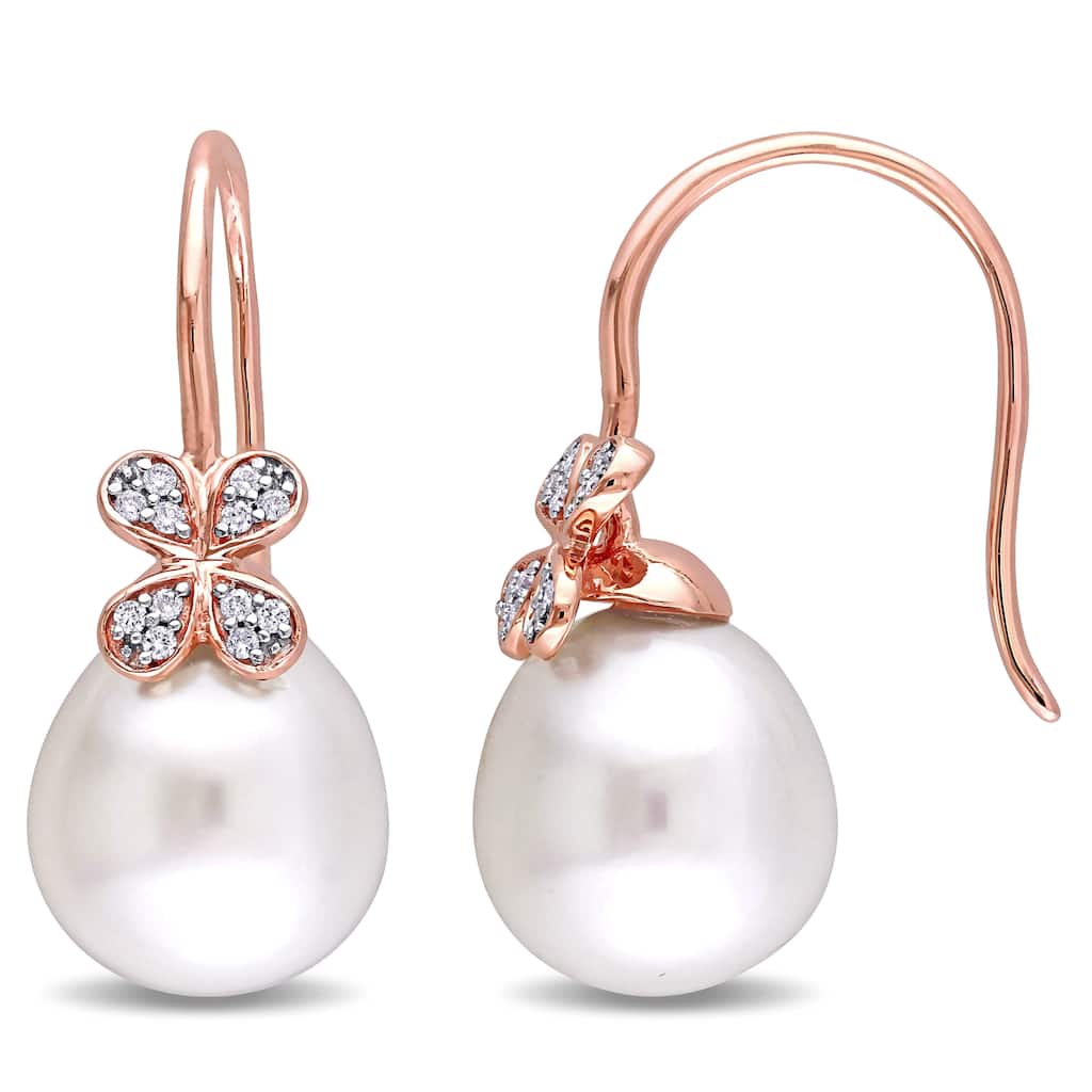 Miadora Signature Collection 14k Rose Gold Diamond South Sea Pearl 1/8ct TDW Clover Earrings - White
