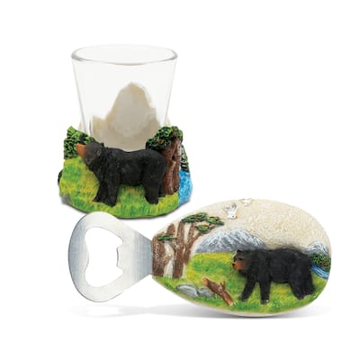 Unique Elegant Gift and Souvenir Black Bear Resin Stone Finish Collection Magnetic Bottle Opener and Shot Glass