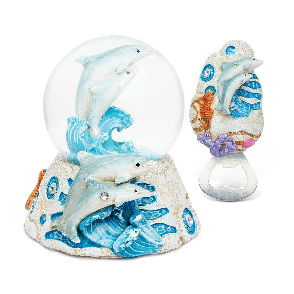 Dolphin Resin Stone Finish Collection with Snow Globe and Magnet Bottle Opener