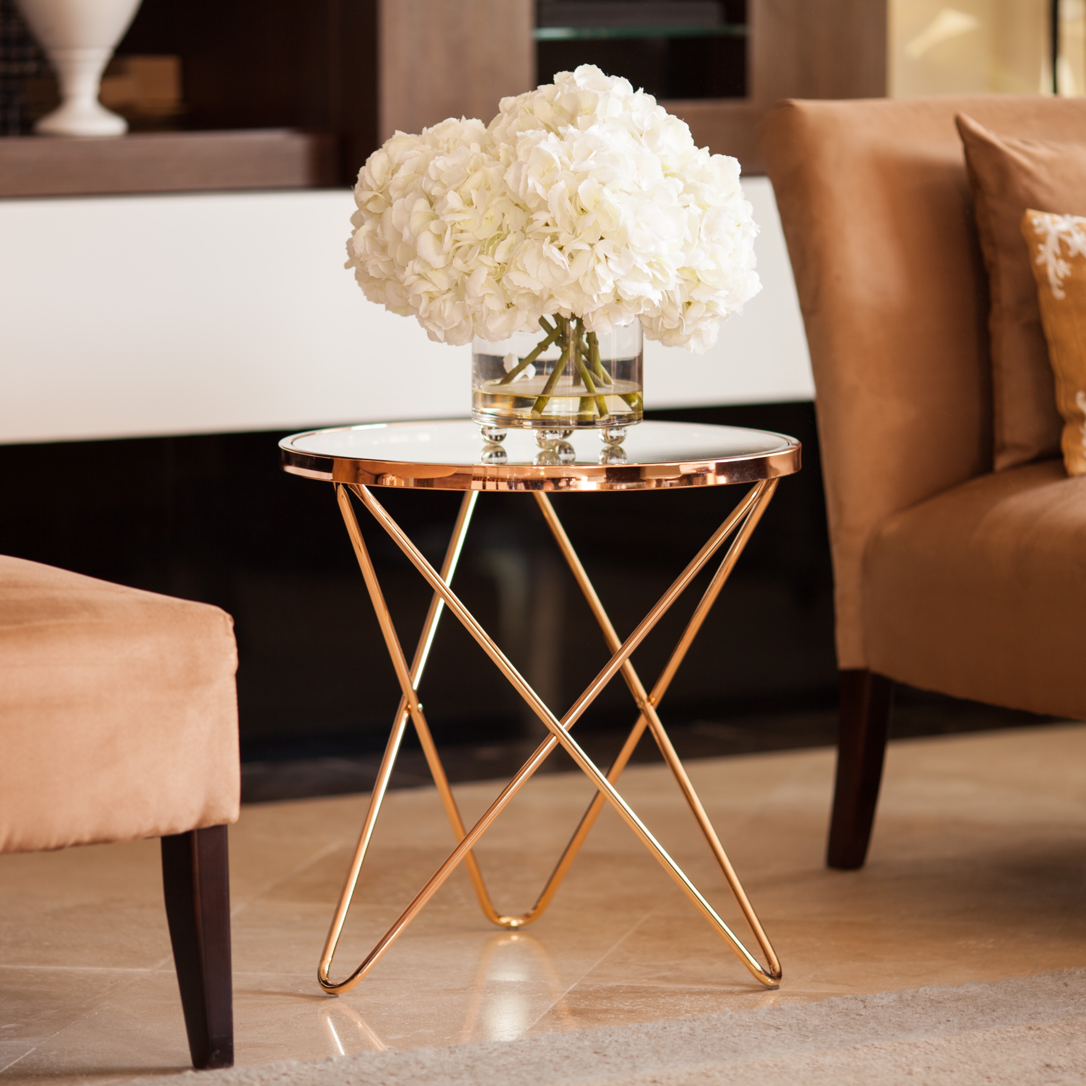 The Gray Barn Brees Rose Gold and Glass Top End Table