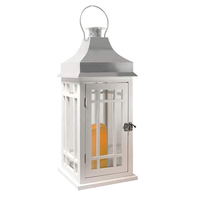 Wooden Lantern with LED Candle - White with Chrome Roof