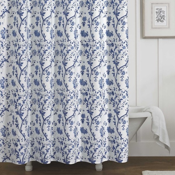 Shop Laura Ashley Charlotte Blue and White Floral Cotton Shower Curtain 72 x 72  On Sale 