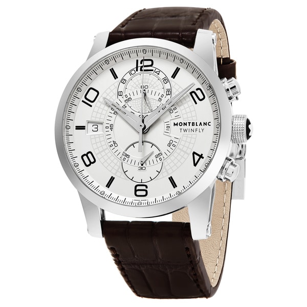 Mont Blanc Men's 109134 'Timewalker Twin Fly' Silver Dial Brown Leather