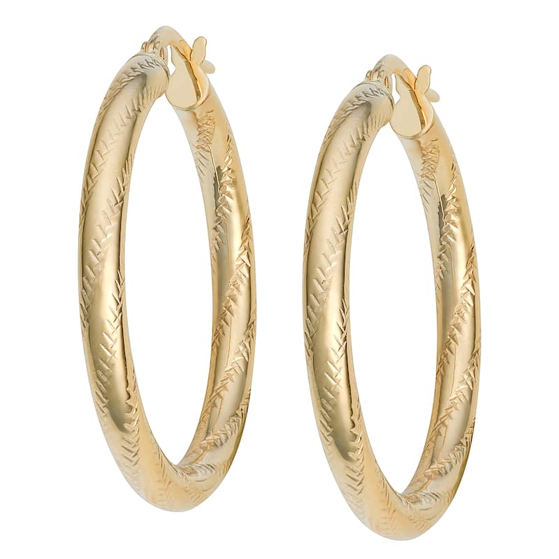 Fremada Italian 14k Yellow Gold 3x25-mm High Polish and Diamond-cut Finish Round Hoop Earrings