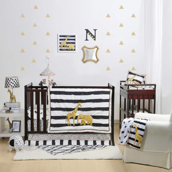 slide 1 of 1, The Peanut Shell Safari Collection Black/White/Metallic Gold Cotton 4-piece Crib Bedding Set