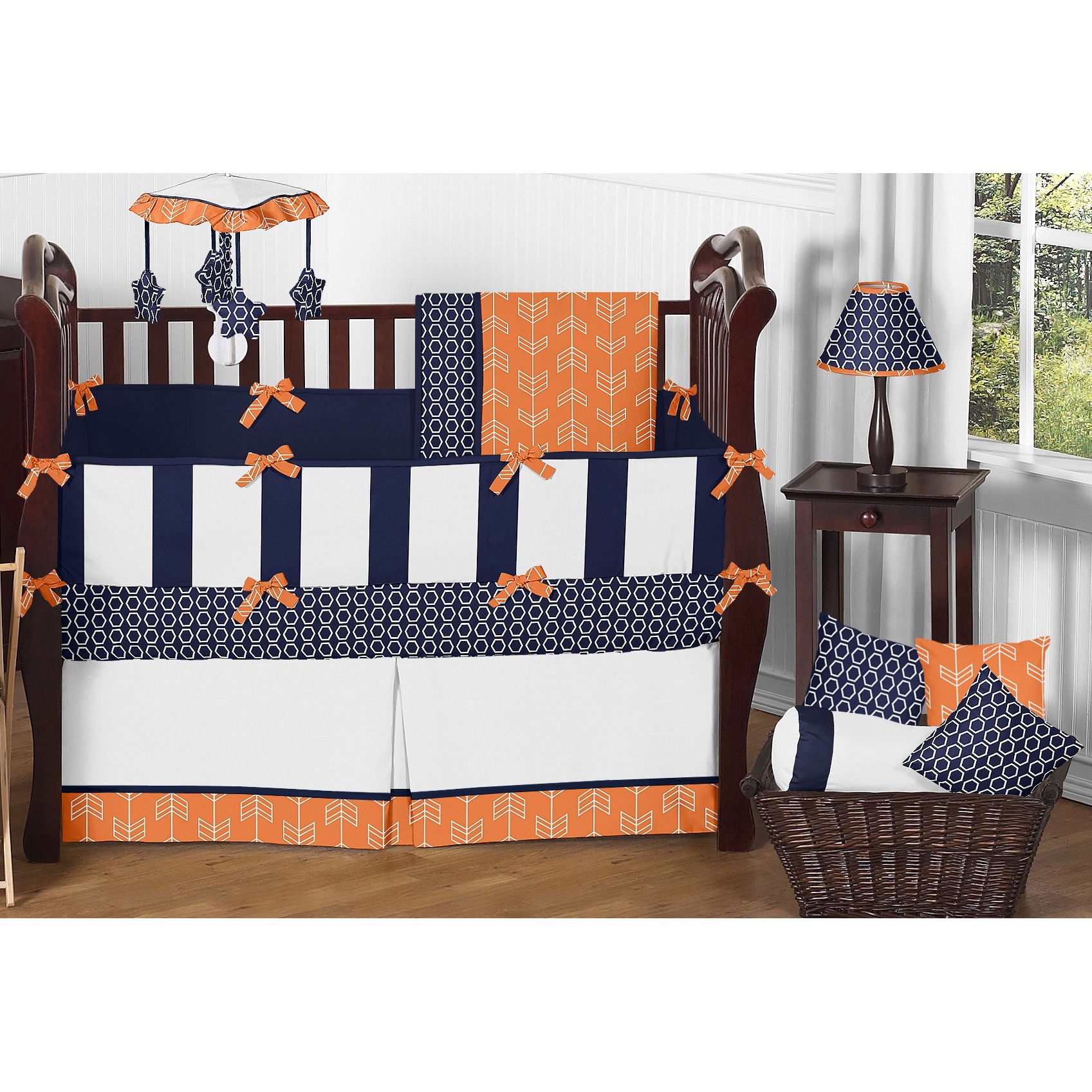 navy and orange crib bedding