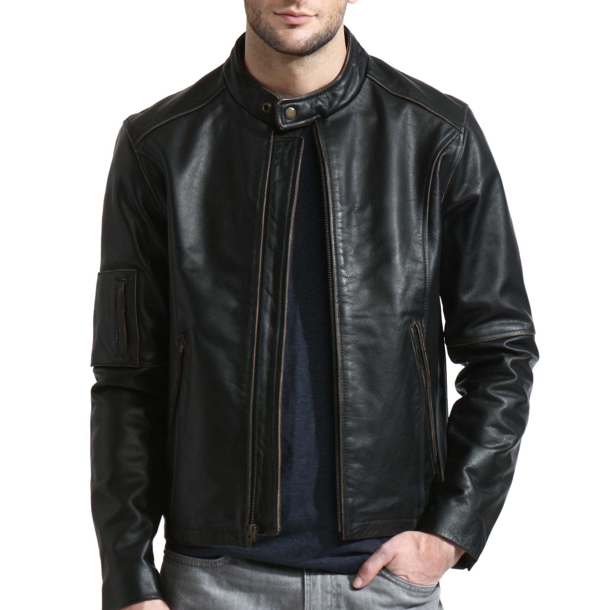 Shop Men's Black Moto Cafe Racer Leather Jacket - Free Shipping Today ...