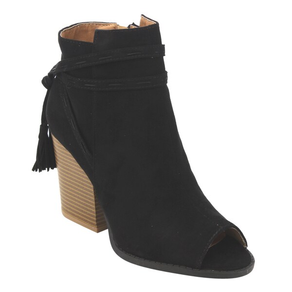 FD03 Women's Tassels Ankle Strap Stacked Block Heel Booties FD03 Women's Tassels Ankle Strap Stacked Block Heel Booties