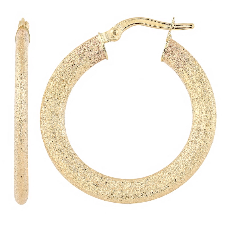 Fremada Italian 14k Yellow Gold 2x20-mm Glass Blast Finish Flat Hoop Earrings