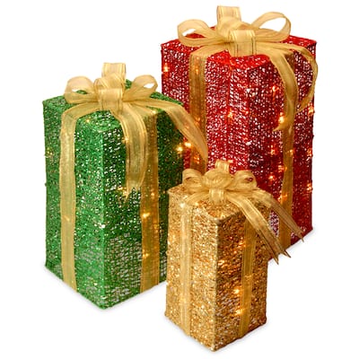 National Tree Company Pre-Lit Sisal Christmas Decorative Gift Box Assortment with Clear Mini Lights
