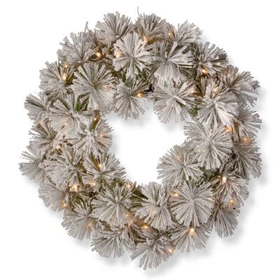 Snowy Bristle 24-inch Pine Wreath with Battery Operated Warm White LED Lights