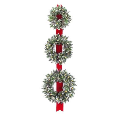 77-inch Glittery-bristle Triple-wreath Door Hang with Battery-operated Warm White LED Lights