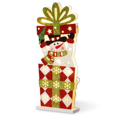 National Tree Company 17 in. Pre-Lit Wooden Gift Box Snowman - Red - 17 in