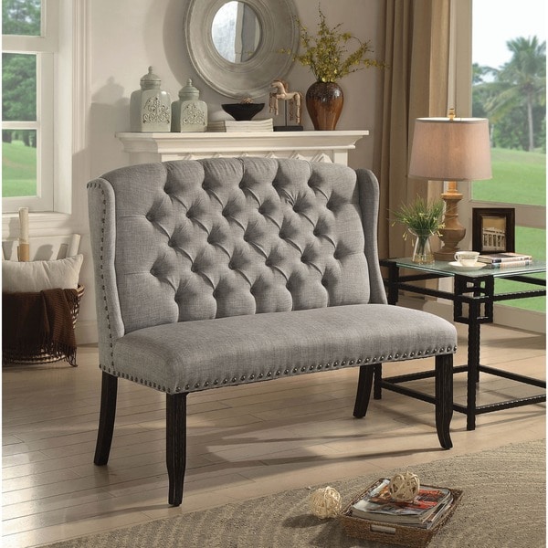 grey tufted dining bench