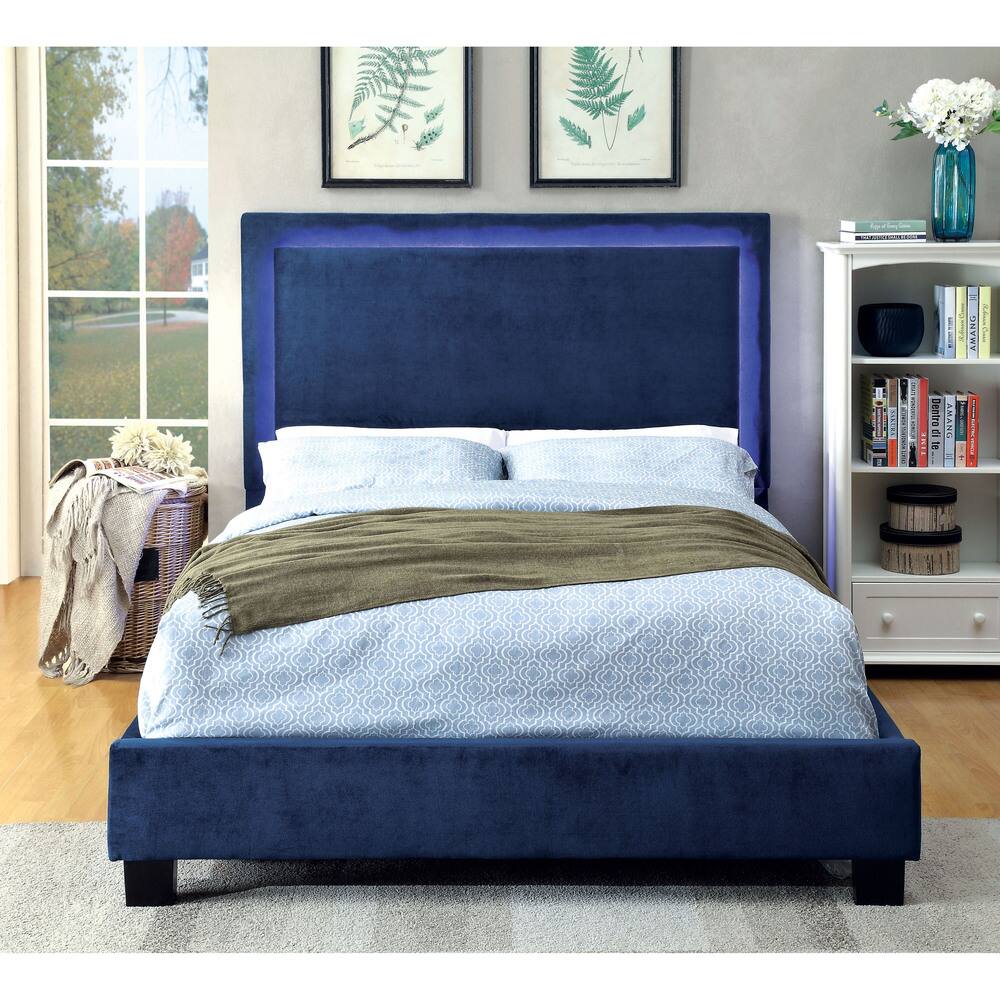 Furniture of America Winona LED Light Trim Navy Flannelette Platform Bed