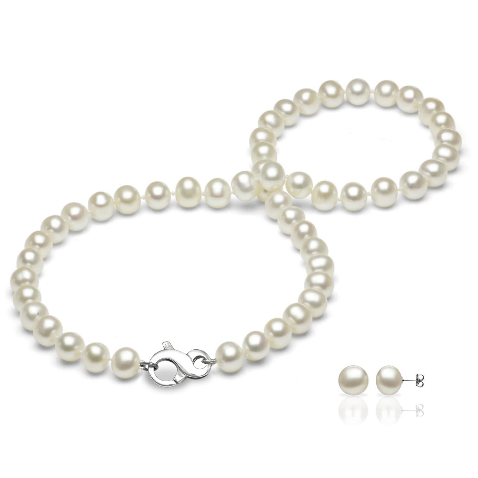 DaVonna Sterling Silver White Round Freshwater Pearl Necklace with Infinity Clasp and Earring Jewelry Set (7-8 mm)