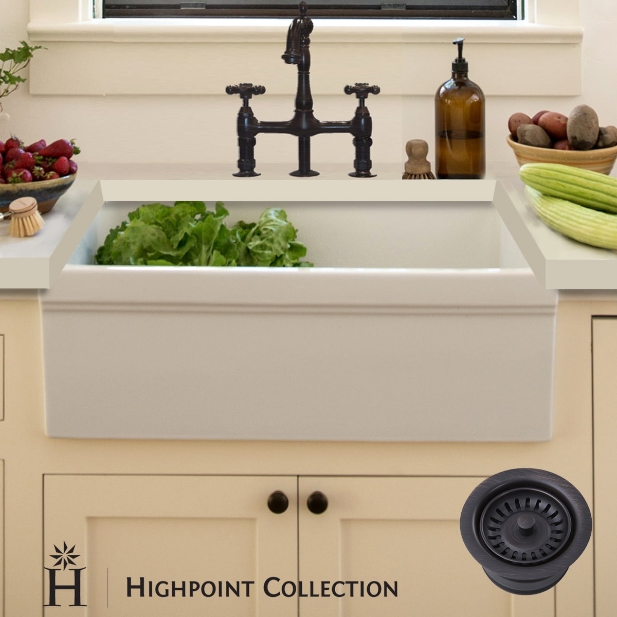 Highpoint Collection Decorative Farmhouse Fireclay Sink And Oil Rubbed Bronze Disposal Drain