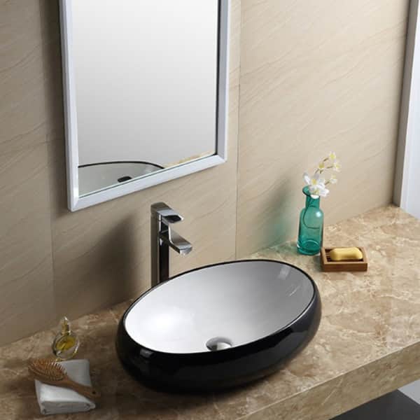 Fine Fixtures Vitreous China Black and White Oval Modern Vessel Bathroom Sink
