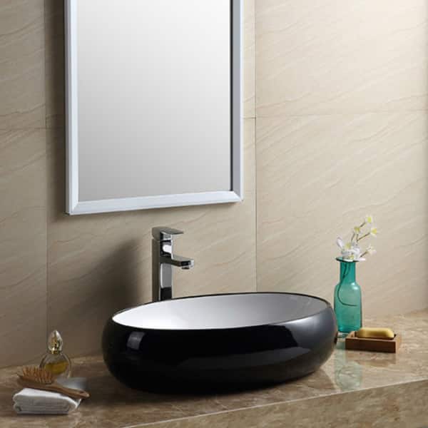 Fine Fixtures Vitreous China Black and White Oval Modern Vessel Bathroom Sink
