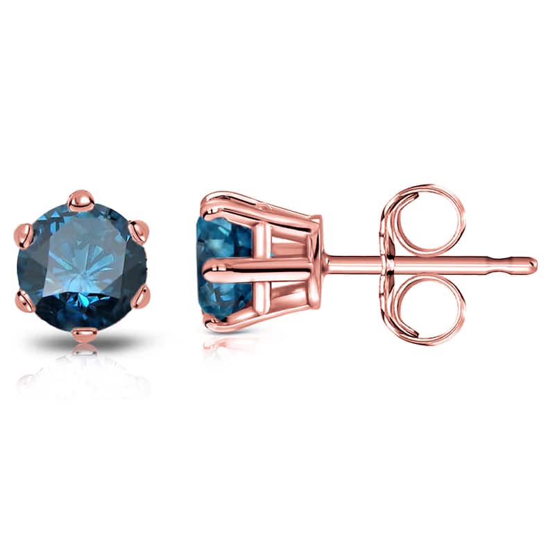 Auriya 1ctw Round Blue Diamond Stud Earrings 14k Gold 6-Prong (SI2-SI3)