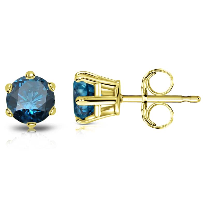 Auriya 1ctw Round Blue Diamond Stud Earrings 14k Gold 6-Prong (SI2-SI3)