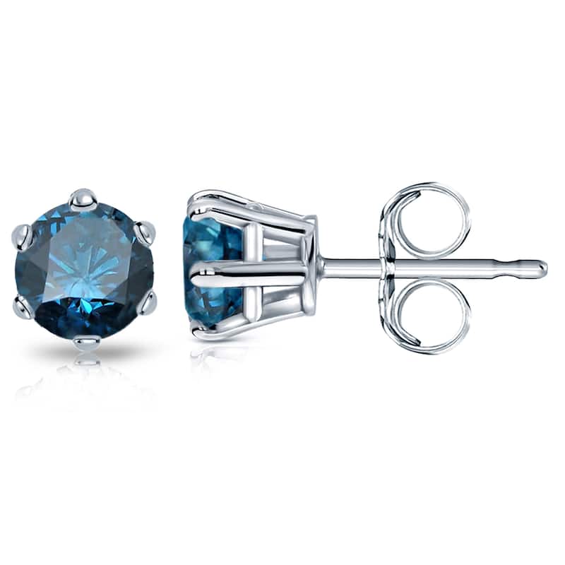 Auriya 1 1/2ctw Round Blue Diamond Stud Earrings 14k Gold 6-Prong (SI2-SI3)